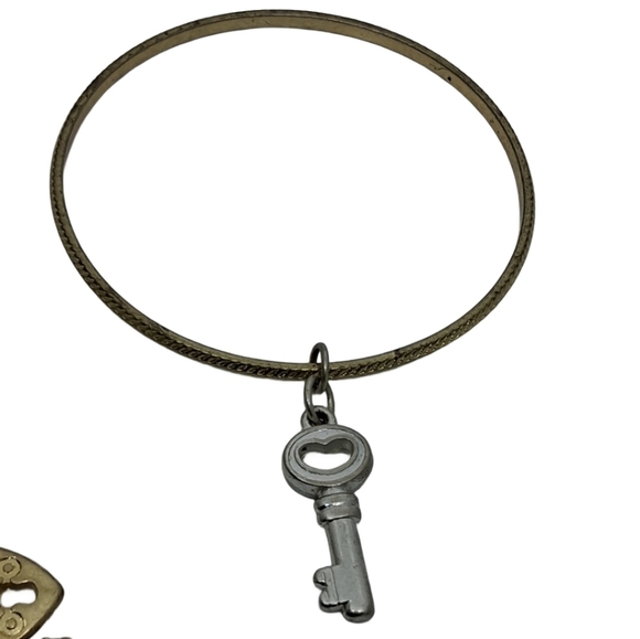 Gold & Silver Tone Charm Bangle Stack - Tassel, Key, & Heart Lock Dangles - Picture 5 of 9